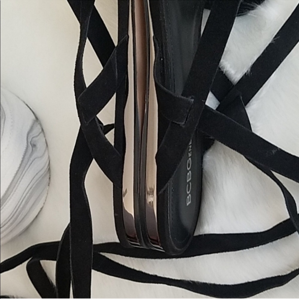 BCBGeneration! Black Suede Strappy Tie Up Flats Shoes - Picture 6 of 8